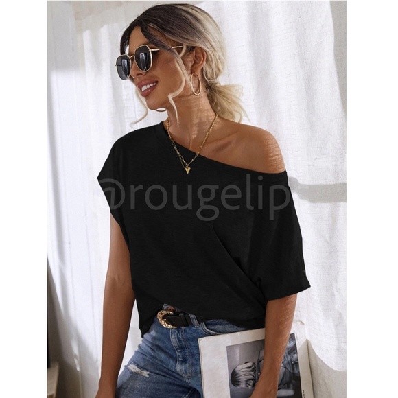 Boat Neck Batwing Sleeve Black Tee Shirt Short Sleeve - Picture 7 of 9
